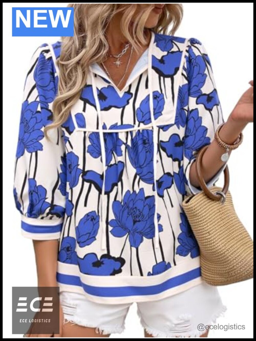 Cicy Bell Womens Floral Print Babydoll Blouse V Neck 3/4 Sleeve Peplum Top